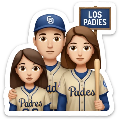 *White* Smiling couple. Woman has big cheeks and a lot of freckles on the nose. long brown hair. Man has black and very short hair and prominent eyebrows with egipcian nose. Both are wearing “Los Padres” baseball jerseys and with a sign that says “Go Padres!” sticker