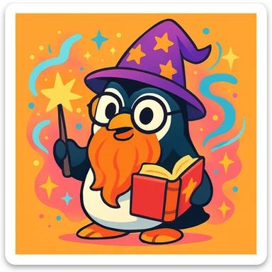 a cartoon penguin wizard with glasses, a long beard, and a spellbook, surrounded by magical effects sticker