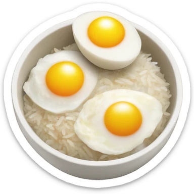 a bowl of rice with two eggs and two chicken sticker