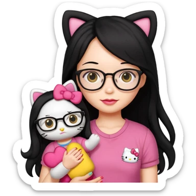 Nails cute with hello kitty wear glasses black long  hair, wear yellow shirt , red nails , big hello kitty doll sticker