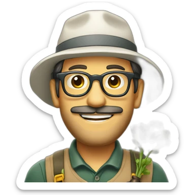 happy gardener short dark hair with long beard with steve job glasses with hat sticker
