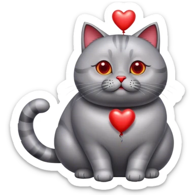 gray fat British cat and red heart metallic baloon sticker