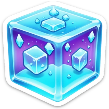 glowing ice cube, neon cyan highlights, purple neon accents. sticker