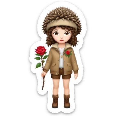 full body woman short curly brown mullet hair brown eyes white skin wearing hedgehog hat and thorny rose jacket sticker