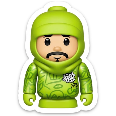 bearbrick toy wearing a lime green balaclava with graffiti design and chill relaxed thick eyebrows showing above sticker