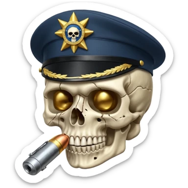 Una calavera 💀 soldado 🪖 mordiendo una bala sticker