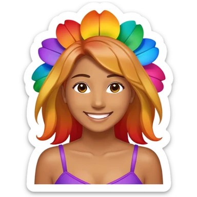 rainbow flower with 6 petals (top red) (right to red is orange) (next to orange is yellow) (next to yellow is green) (next to green is blue) (next to blue is purple) tan face and smile sticker