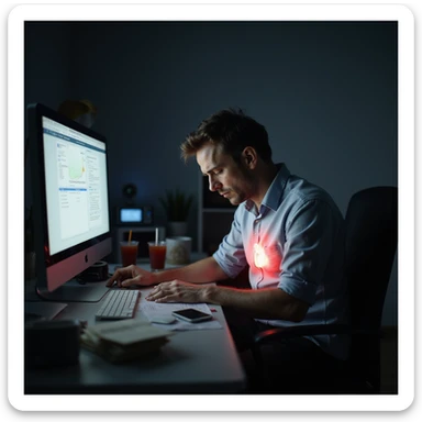 realistic overworked man late night, cluttered desk, paperwork, energy drinks, glowing monitor, fatigue, dark circles, slouched posture, faint red glow on heart and gut, moody burnout health risk sticker