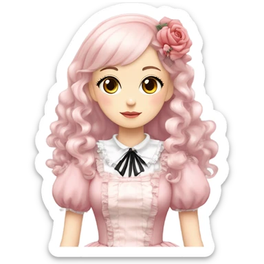 Vestido rosa pastel y white gothic lolita, cuerpo completo, color de piel morena, pelo largo, pelo de color rojo y negro sticker