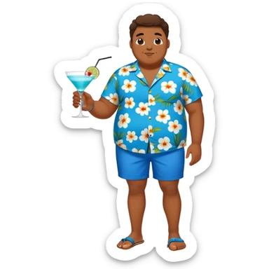 chubby guy full figure in a flowered azure havai shirt, brown shorts and flippers holding a cocktail sticker