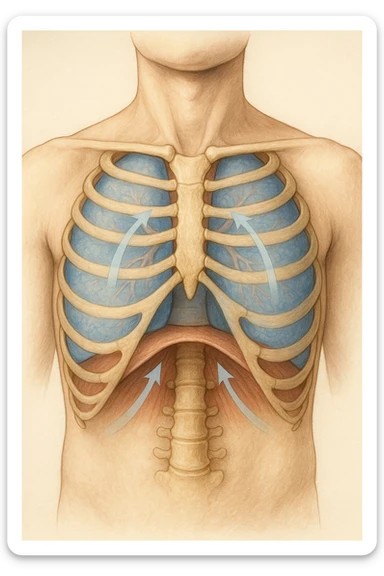A realistic, high-quality anatomical illustration showing a human torso with visible rib cage and diaphragm. The ribs are shown in a decompressed, expanded state, allowing full lung expansion, while the diaphragm is depicted as relaxed and lowered, indicating deep, efficient breathing. Soft blue and warm tones highlight airflow and lung capacity, with light arrows illustrating the air movement during diaphragmatic breathing. The image conveys a sense of calm, openness, and optimal breathing mechanics, useful for physiotherapy, breathing education, and osteopathic learning contexts sticker