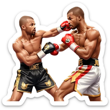 Roy Jones Jr. vs. Montell Griffin in the boxing ring. Jones is delivering a swift, powerful jab, while Griffin counters with a defensive move. The background shows a packed arena with bright lights, emphasizing the intensity and skill of the legendary fight. Transparent background sticker