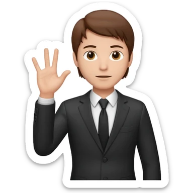 Mach mir einen Tyoen mit braunen haaren und im anzug der männlich ist der mit seiner linken hand zur seite zeigt sticker