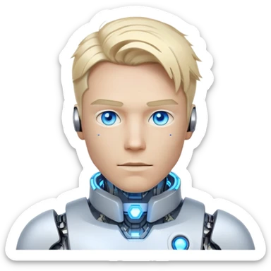 Cyborg male with tousled straight blond hair, partly mechanical face, glowing eyes, white tech collar sticker