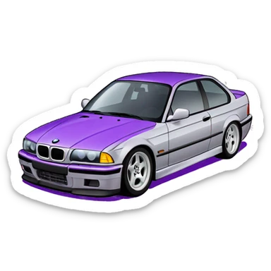 A bmw e36 in light gray colour and purple stickers and purple under lights sticker