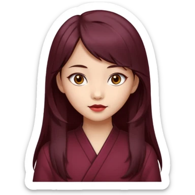 asian girl, long dark burgundy brown hair, hazel brown eyes, half lidded eyes, wolfcut hairstyle sticker