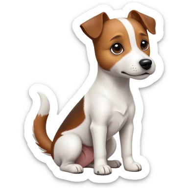 cinematic-[jack Russel terrier]-realistic-full-body-sitting-emoji,-tail-resting-loosely-beside-its-paws,-head-tilted-dramatically, -sleek-[brown and white]-fur,-simplified-yet-realistic-focused-features,-highly-detailed,-glowing-with-an-almost-sarcastic-glow sticker