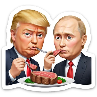 photorealistic Donald Trump and Putin eating a steak shaped like an piece of land sticker