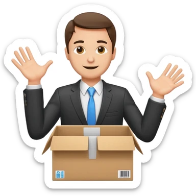 Sticker of a man in a business suit, front view, arms extended forward as if ready to hold a box, friendly expression, clean cartoon style, bold outlines, minimal background, emoji sticker style sticker