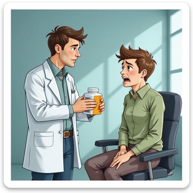 realistic illustration of a doctor in a white coat handing a box of medicine to a patient with a pained expression, the doctor seems uninvolved, clinic background, critical atmosphere sticker