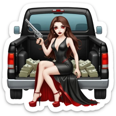 Lilith symbol red eye seductress evil long brown haired sexy succubus woman with leather long dress with slit on, sitting in Big Large F350 pickup truck. Platform long high heels on feet. Back seat full of stacks of cash, she is  Holding a human skull of her enemies and a gun in other hand sticker