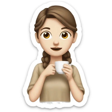 pale Girl with brown hair sipping tea, beige colors sticker