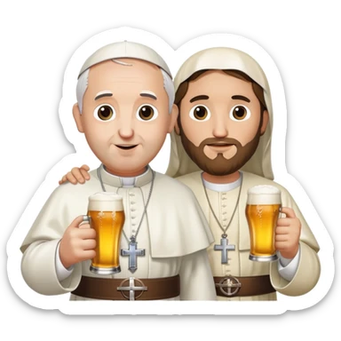 pope francis and jesus holding a beer sticker
