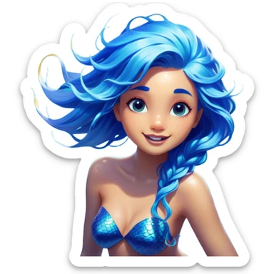 Cinematic Realistic Blue Hair Mermaid Portrait, head tilted dramatically with an exaggeratedly amused expression, featuring a striking, vibrant form with meticulously detailed, flowing blue hair and glowing, tanned skin. Her expressive eyes brim with playful marine mischief, rendered with dynamic underwater lighting and vibrant textures that imbue the scene with an air of cheeky, over‐the‐top oceanic whimsy—capturing the essence of a spirited mermaid ready to enchant with coastal charm. sticker