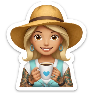Tattooed lady in sunhat holding coffee cup sticker