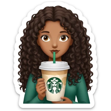 Girl with medium brown  skin light brown eyes/  black brown curly long hair with Starbucks  sticker