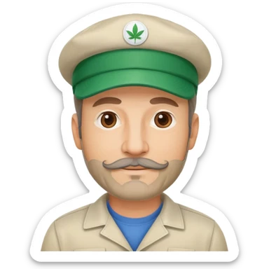Middle-aged man with facial hair, dispensary owner, wearing a cap sticker