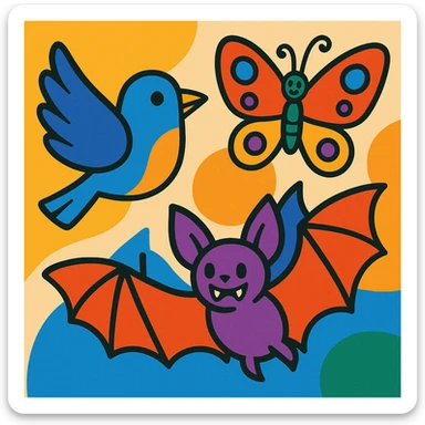 a group of animals with wings including a bird, a butterfly, and a bat in vibrant toon style sticker