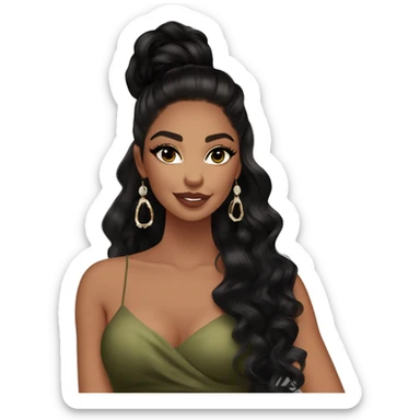 Glamorous, cocktail dress, black balayage hair, long wavy hair, olive skin, brown almond eyes, winged eyeliner with big lashes, wearing hooped earrings, rings and bracelets  sticker