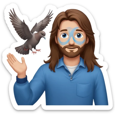 long haired man open arms looking at a flying pigeon sticker