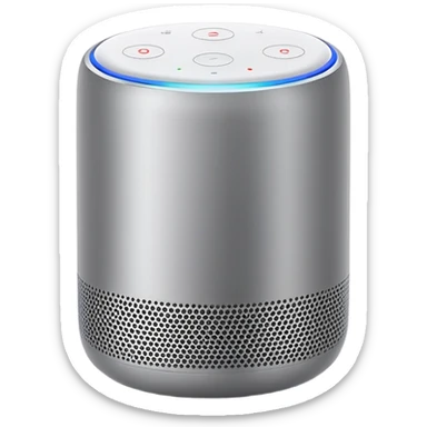 Sleek Apple-style smart speaker, minimalist design, cylindrical shape, premium materials, white or space gray color, touch surface on top, modern home device sticker