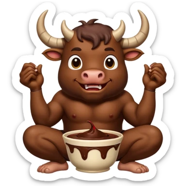Bull with horns in a squatting position with a pile of chocolate pudding behind him sticker