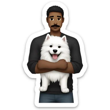 White boy with dark black hair and dark black mustache hugs Samoyed  sticker