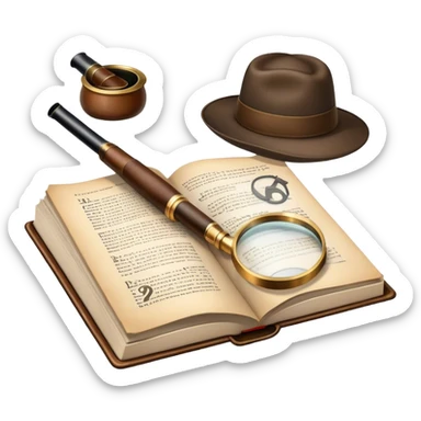 Icon for Detective Reading: an open book with text and a magnifying glass on the pages, a classic detective hat and a pipe, surrounded by clues like footprints, a revolver and a notepad. The icon should represent the mystery and intrigue of detective stories. Transparent background. sticker
