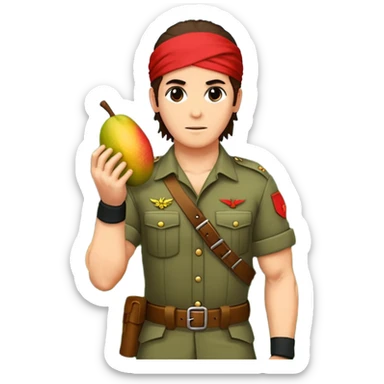 quiero que crees la imange de un Mango con Brazos fuertes y piernas como las de un culturista, que lleve uniforme militar de selva y que tenga pelo largo y una bandana roja en la cabeza como la de rambo y tambien que este en posicion de ataque con una ametralladora pixelart sticker