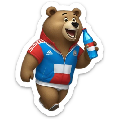 laughing russia bear in a adidas tracksuit holding a glass bottle sticker