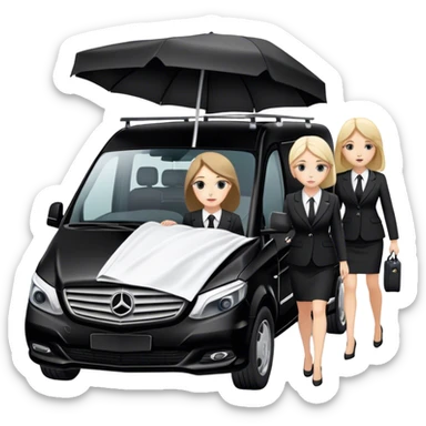 2 woman in suits pushing a stretcher in to a black mercedes Vito funeral van  sticker