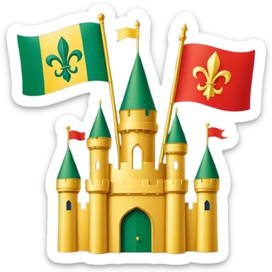  flag with 4 boxes: box1:gold fleur-de-lis on deep blue/black; box2:green, yellow, red stripes in upper right and lower left (box3) with green star in upper right; box4:yellow castle on red in lower right. Flat vector, clean, high contrast, clear at small size. sticker