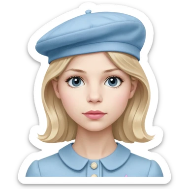 Clemence Poesy is Fleur Delacour in harry potter, light blue dress, light blue classic French beret – soft, round, and slightly tilted to one side, pink lips sticker