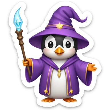 cute penguin wizard casting a spell, wearing a robe and holding a wand, magical sparkles around, emoji style sticker