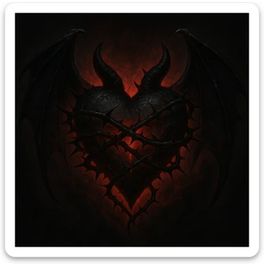 Create a gothic devil heart with bat wings, black thorns, and a blood-red aura. The style should be dark and dramatic. sticker