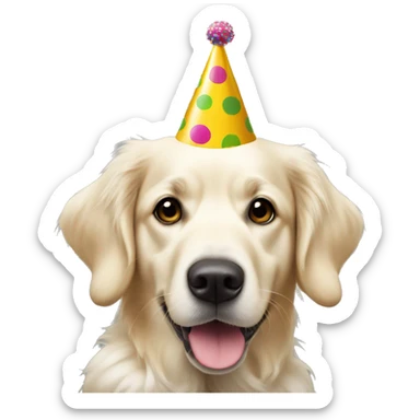 White golden retriever wearing polka dot party hat sticker