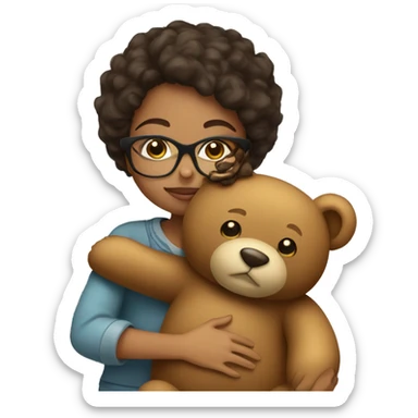 Girl wearing glasses hugging a teddy bear sticker
