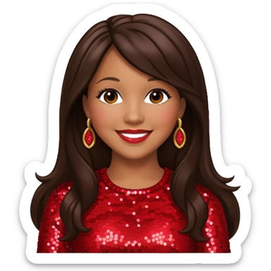 Erica Campbell from Mary Mary with long dark brown hair, red sequin outfit sticker