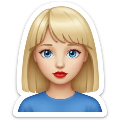 A girl with blonde hair and bangs, blue eyes, red lips sticker