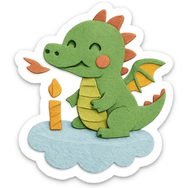 happy dragon blowing out 1 candle on cloud cake, paper-craft style sticker